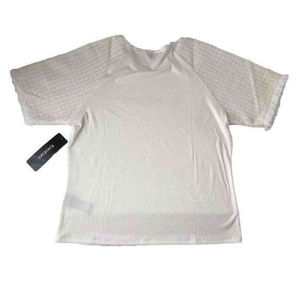 Bebe Embellished Ribbed Top Frayed Hem Sleeve Color Marshmallow Size Juniors XL - Picture 2 of 13